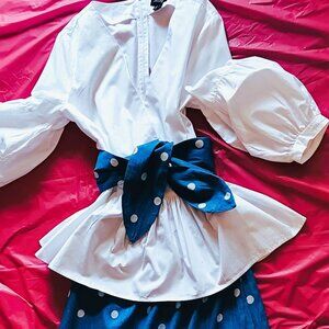 BLUE COTTON MIDI SASH BELTED POLKA DOT, SKIRT, S, W/WHITE PEPLUM COTTON BLOUSE